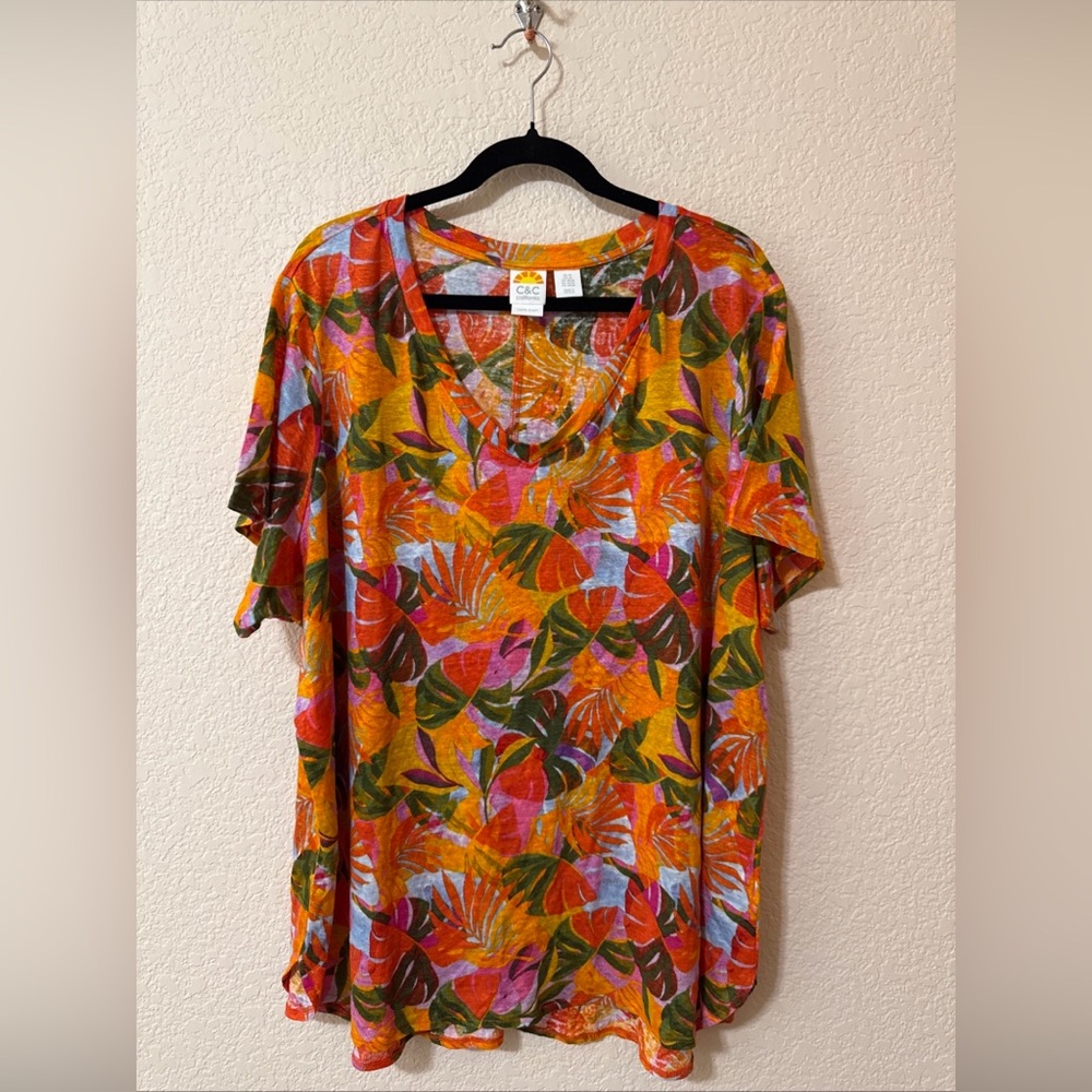 NWOT C&C California 100% Linen Top Women 3X Tropical Floral V-neck Short Sleeve